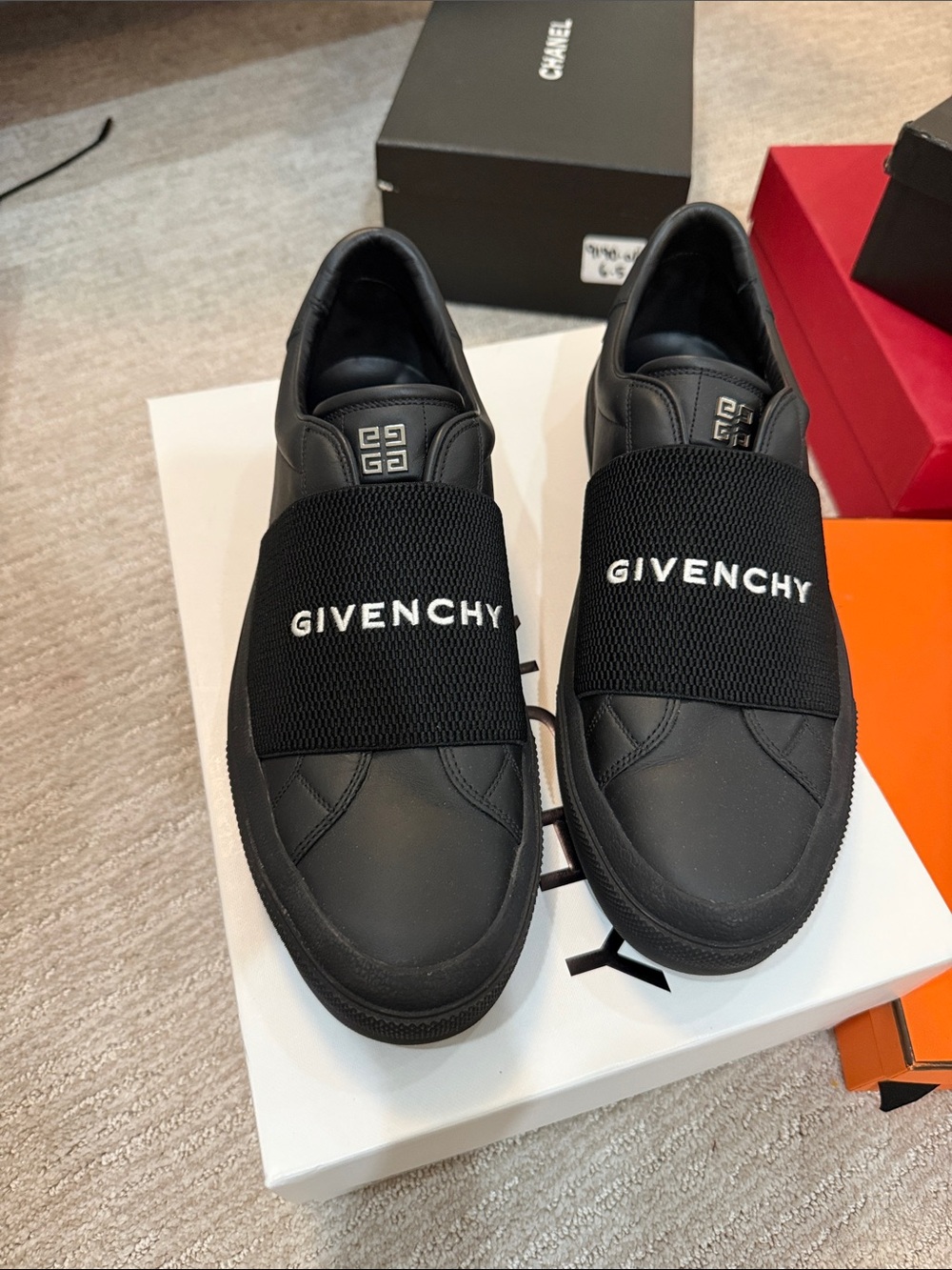 Givenchy Black Leather Slip-On Sneakers with Branded Mesh Strap